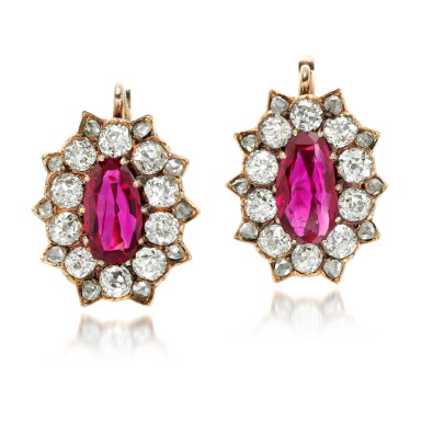View full screen - View 1 of Lot 8. Pair of ruby and diamond earrings, circa 1890.