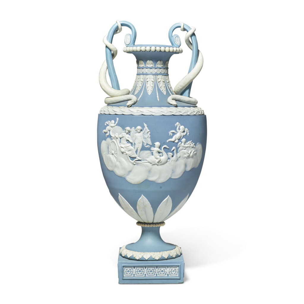 View full screen - View 1 of Lot 137. A WEDGWOOD BLUE AND WHITE JASPERWARE TWO HANDLED VASE CIRCA 1785 .