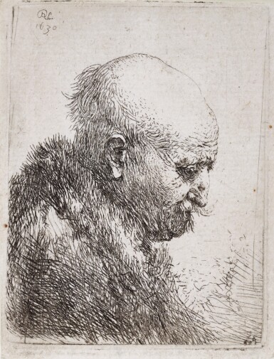 View full screen - View 1 of Lot 53. Bald-Headed Man in Profile, Right, Small Bust (The Artist’s Father) (B., Holl. 294; New Holl. 61; H. 24).