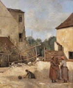 Trois paysannes causant dans une cour rustique