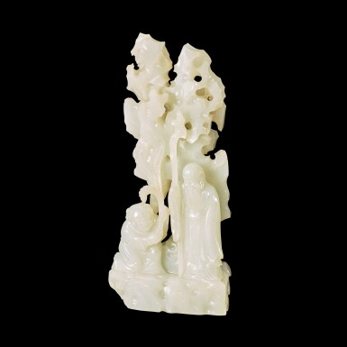 View full screen - View 1 of Lot 3692. A white jade 'Shoulao and child' boulder Qing dynasty, 18th century | 清十八世紀 白玉壽老童子山子.