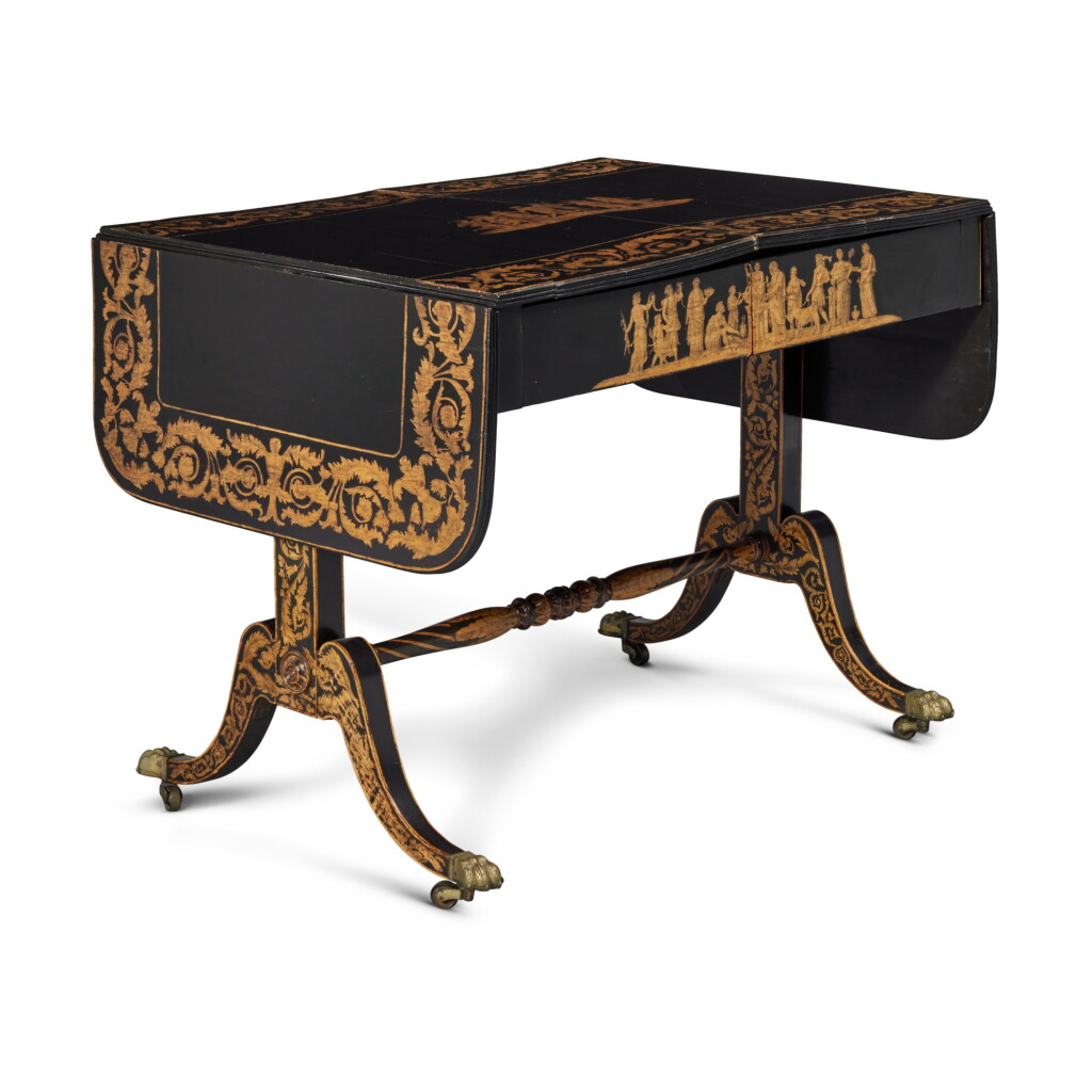 View full screen - View 1 of Lot 177. A Regency Penwork Ebonised Sofa Table, Circa 1810.