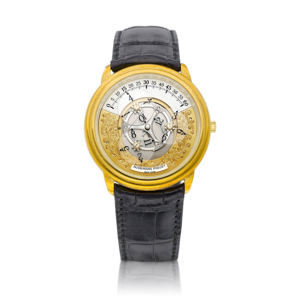 View full screen - View 1 of Lot 8060. Star Wheel Automatic, Reference 25720 | A yellow gold semi-skeletonised wristwatch with satellite hour display, Circa 1995 | 愛彼 | Star Wheel Automatic 型號25720 | 黃金半鏤空腕錶,備衛星時刻顯示,約1995年製.