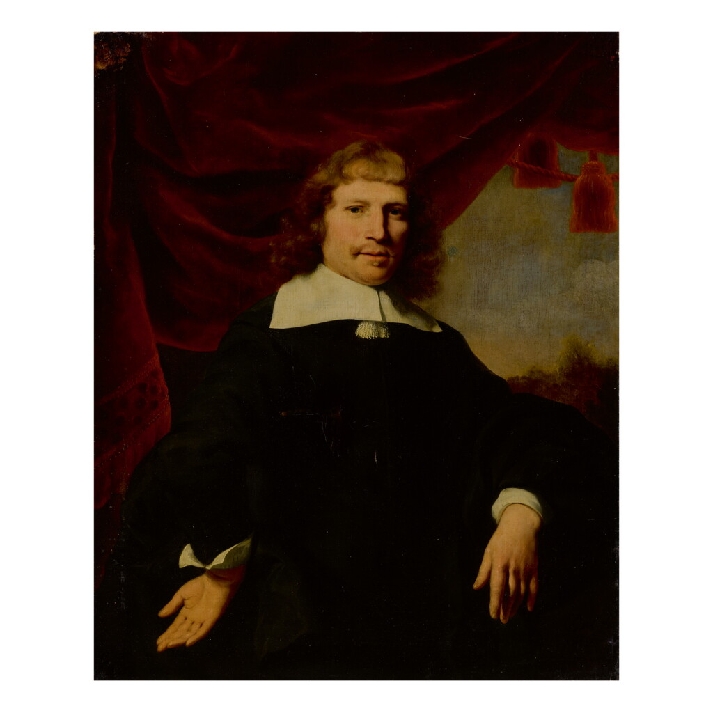 View full screen - View 1 of Lot 98. FERDINAND BOL | PORTRAIT OF A GENTLEMAN, FACING RIGHT, IN FRONT OF A RED CURTAIN, WITH A LANDSCAPE BEYOND.
