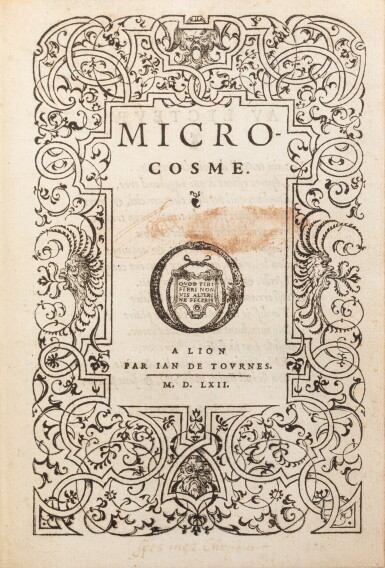 View full screen - View 1 of Lot 17. Microcosme. Lyon, Jean de Tournes, 1562. Maroquin vert de Lortic fils. Rarissime édition originale..