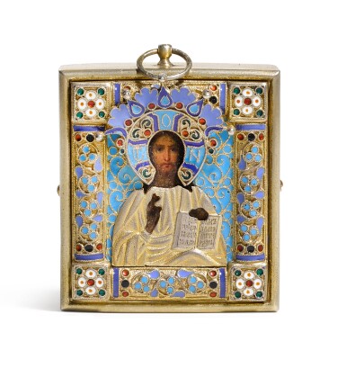 View full screen - View 1 of Lot 219. A SILVER-GILT AND CLOISONNÉ ENAMEL PENDANT ICON OF CHRIST PANTOCRATOR, PAVEL OVCHINNIKOV, MOSCOW, CIRCA 1890.