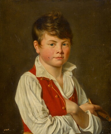 View full screen - View 1 of Lot 108. Portrait of a boy in a white shirt and red waistcoat with gold buttons.