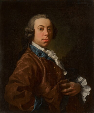 View full screen - View 1 of Lot 183. Portrait of Sir Thomas Saunders Sebright, 5th Bt. (1723–1761), half-length, in a brown coat with a white shirt.