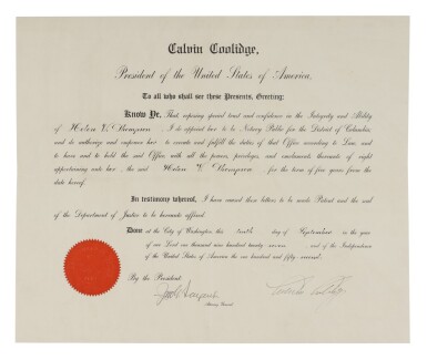 View full screen - View 1 of Lot 42. CALVIN COOLIDGE | An unusually fine Calvin Coolidge presidential appointment signed.