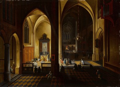 View full screen - View 1 of Lot 395. Evening Mass in a side chapel of a Gothic cathedral.