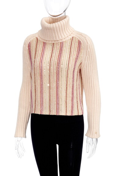 View full screen - View 1 of Lot 77. CABLE-KNIT CACHEMIRE TURTLENECK SWEATER, CHANEL.