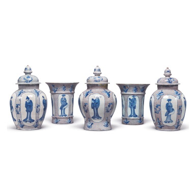 View full screen - View 1 of Lot 41. A GERMAN FAIENCE POWDERED-MANGANESE-GROUND FIVE VASE GARNITURE AND THREE COVERS, MID-18TH CENTURY.