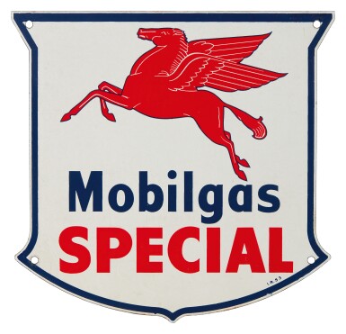 View full screen - View 1 of Lot 32. Mobilgas Special with Pegasus Single-Sided Porcelain Die Cut Sign.