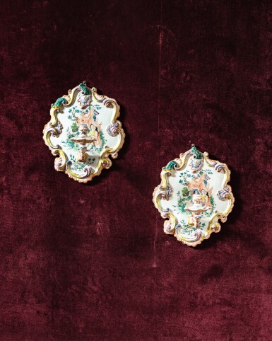 View full screen - View 1 of Lot 187. A pair of Dutch Delft polychrome wall lights, probably circa 1760-75.