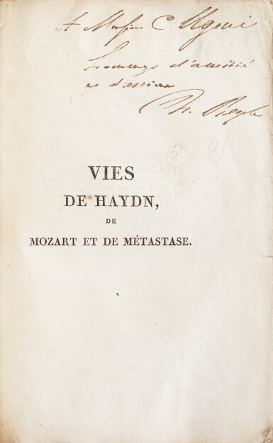 View full screen - View 1 of Lot 171. Vies de Haydn... 1817. Broché. Exemplaire tel que paru, avec un envoi autographe à Camillo Ugoni..