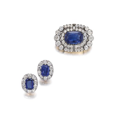 View full screen - View 1 of Lot 279. Historically important sapphire and diamond brooch and a pair ear clips, circa 1900 | 具歷史價值之藍寶石配鑽石別針及耳環一對,約1900年.
