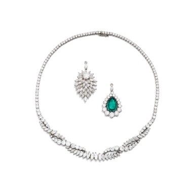 View full screen - View 1 of Lot 150. Collier émeraude et diamants | Emerald and diamond necklace.