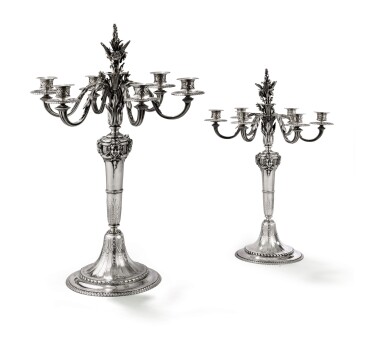 View full screen - View 1 of Lot 25. A PAIR OF SILVER SIX-LIGHT CANDLESTICKS, EMILE FROMENT-MEURICE, PARIS, CIRCA 1860 | PAIRE DE CHANDELIERS À SIX LUMIÈRES EN ARGENT PAR EMILE FROMENT-MEURICE, PARIS, VERS 1860.