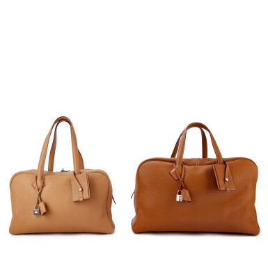 View full screen - View 1 of Lot 9818. Important Private Collection: Set of Two Tabac Camel Clémence Victoria II 35 Palladium Hardware, 2008 and Gold Clémence Victoria II 43 Palladium Hardware, 2008.