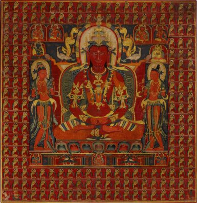 View full screen - View 1 of Lot 111. A thangka of Amitabha with myriad Buddhas, Central Tibet, 14th century | 藏中 十四世紀 阿彌陀佛及萬佛唐卡.