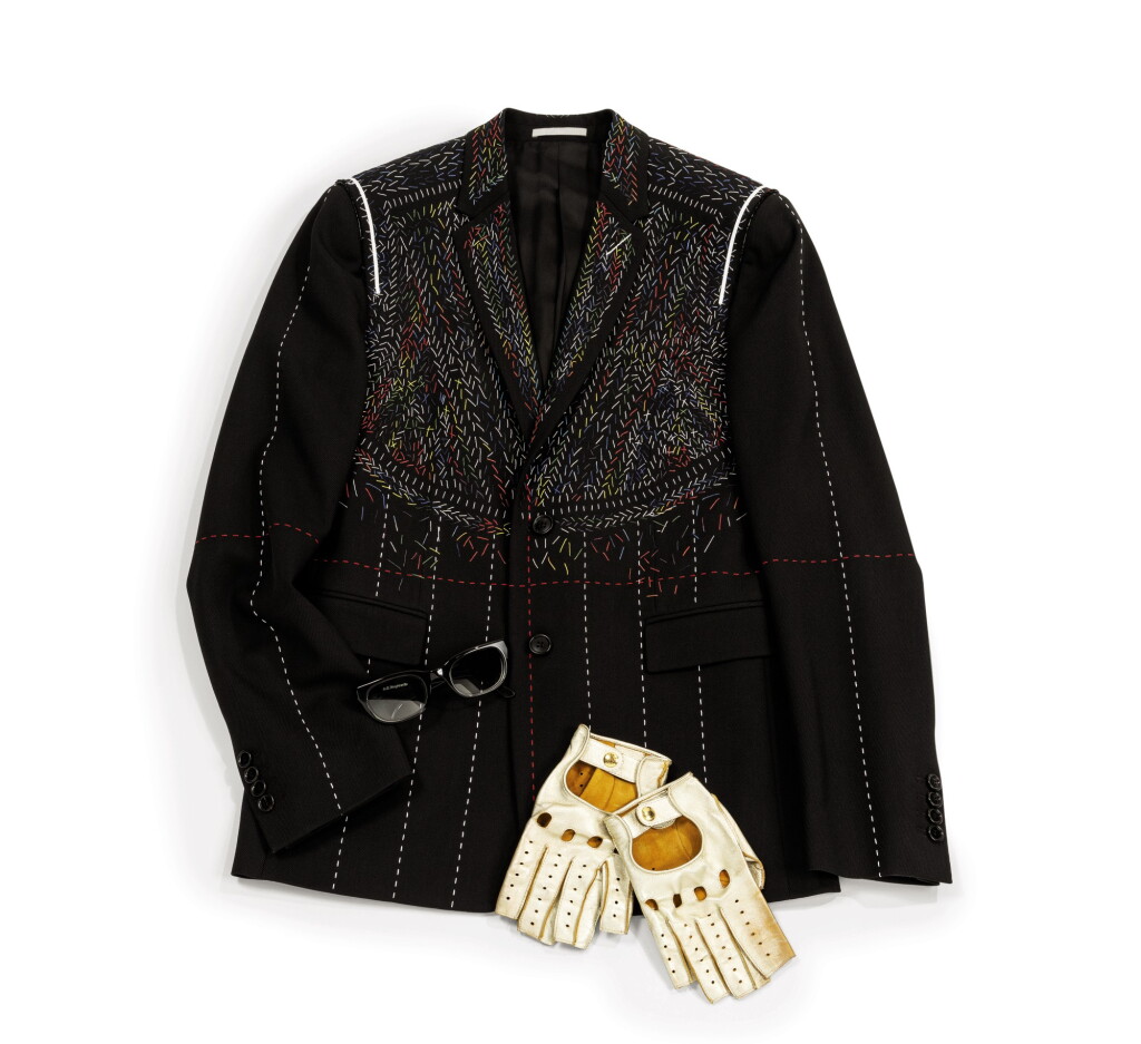 View full screen - View 1 of Lot 377. Black and Multicolor Wool Jacket, circa 2000 | Veste en laine noire, surpiqûres blanches et de couleurs de façon graphique, circa 2000.