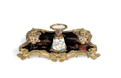 View full screen - View 1 of Lot 399. A Louis XV style gilt-bronze and chinoiserie lacquer inkstand, late 19th century.
