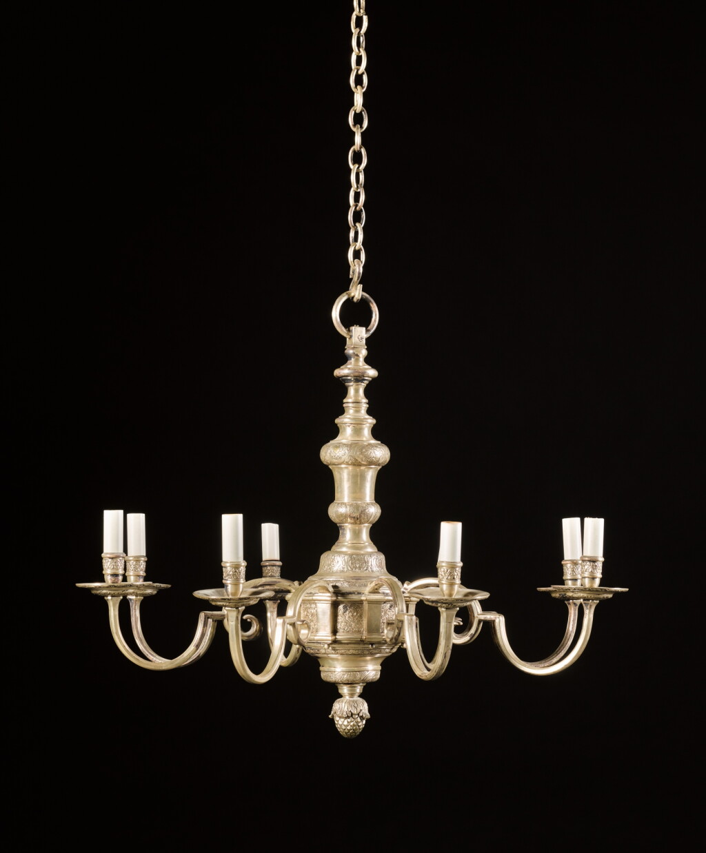 View full screen - View 1 of Lot 32. A pair of George I style silver plated eight-light chandeliers, circa 1910, probably supplied by Lenygon & Co. in the style of the celebrated model at Knole.