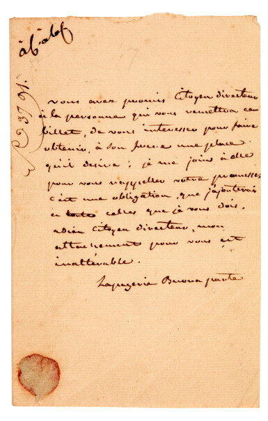 View full screen - View 1 of Lot 86. Joséphine Bonaparte | autograph letter signed ("Lapagerie Buonaparte"), to her former lover Paul Barras, c.1796.