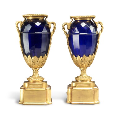 View full screen - View 1 of Lot 415. A Pair of Swedish Neoclassical Gilt Bronze-Mounted Cobalt Blue Glass Vases, Last Quarter 18th Century.