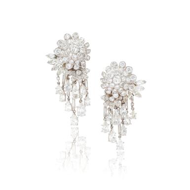 View full screen - View 1 of Lot 539. Pair of diamond pendent ear clips, circa 1951.