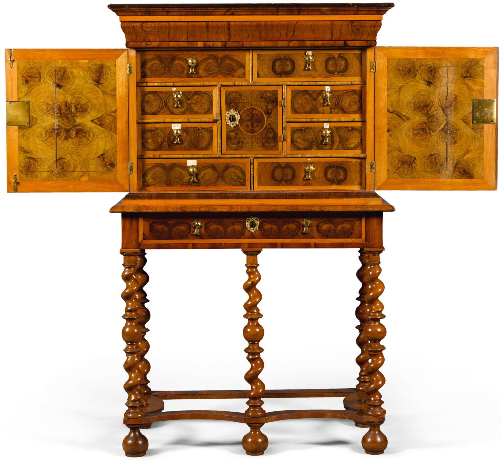 View full screen - View 1 of Lot 37. A William III oyster veneered olive wood and walnut cabinet-on-stand.