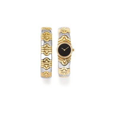 View full screen - View 1 of Lot 172. MONTRE-BRACELET DE DAME ET BRACELET ACIER ET OR, "PARENTESI", BULGARI | STAINLESS STEEL AND GOLD BRACELET AND LADY'S WRISTWATCH, 'PARENTESI', BULGARI.