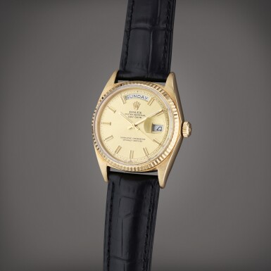 View full screen - View 1 of Lot 129. Reference 1803 Day-Date | A yellow gold automatic wristwatch with day and date, Circa 1970.