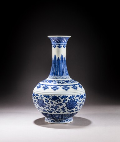 View full screen - View 1 of Lot 162. A blue and white 'lotus' bottle vase, Seal mark and period of Daoguang | 清道光 青花纏枝蓮紋賞瓶《大清道光年製》款.