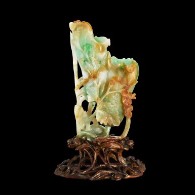 View full screen - View 1 of Lot 105. A jadeite lotus-form double vase | 翠玉巧作荷葉式雙聯花插.