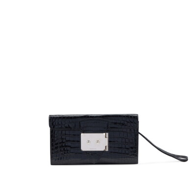 View full screen - View 1 of Lot 173. Black Niloticus Crocodile Goodlock Clutch Palladium Hardware, 2015.