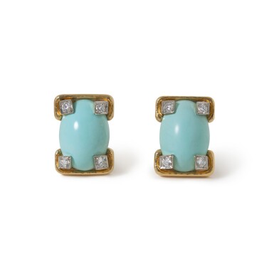 View full screen - View 1 of Lot 15. David Webb | Pair of Turquoise and Diamond Earclips.