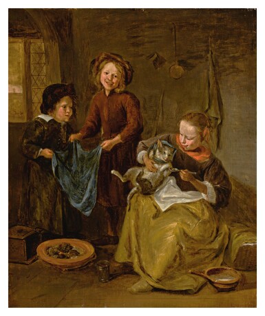 View full screen - View 1 of Lot 6. FOLLOWER OF JAN STEEN | AN INTERIOR WITH THREE CHILDREN PLAYING WITH A CAT.