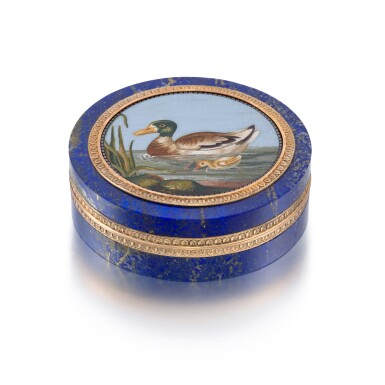 View full screen - View 1 of Lot 97. A large gold-mounted lapis lazuli snuff box set with a micromosaic plaque, Rome, circa 1800.