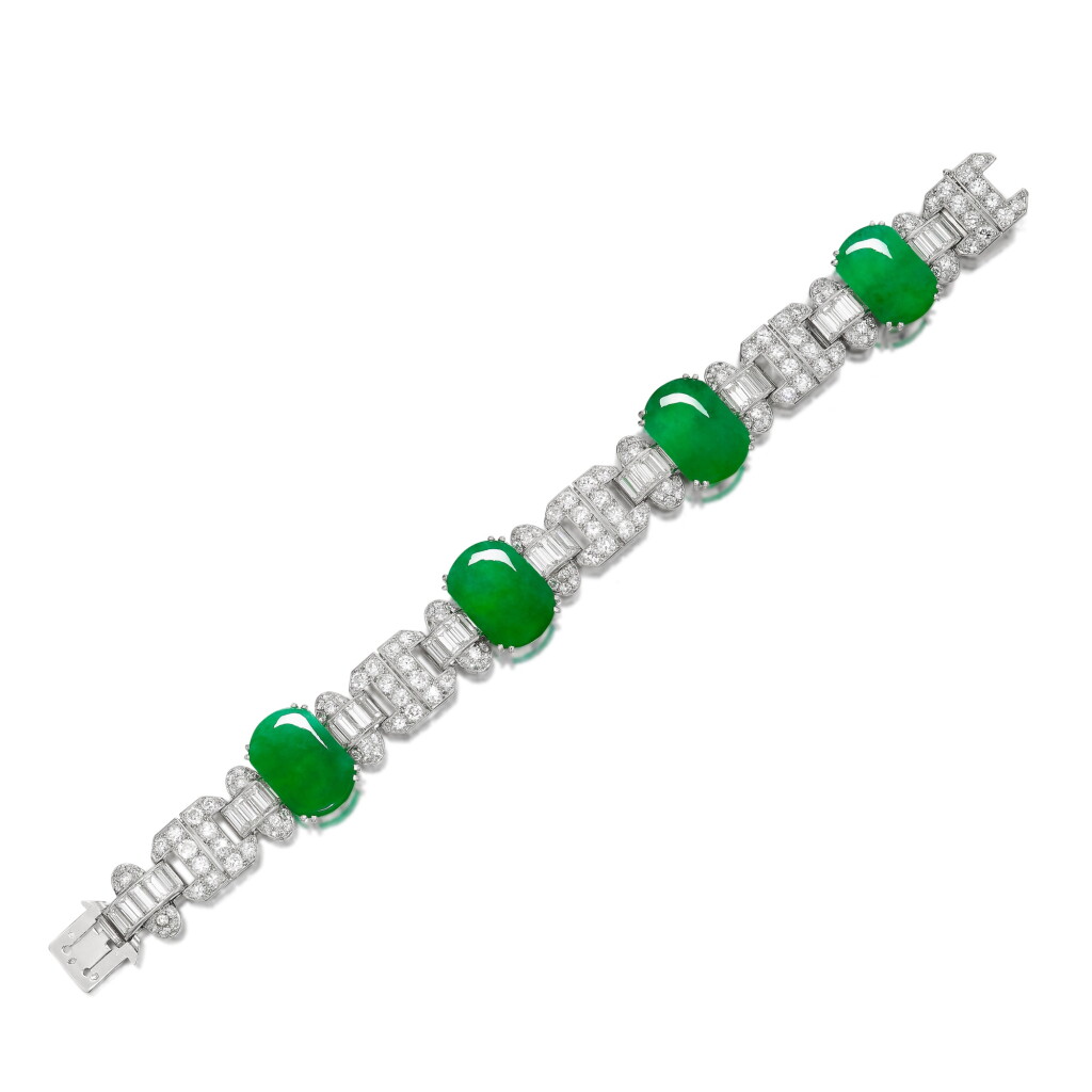 View full screen - View 1 of Lot 1658. Jadeite and Diamond Bracelet | 寶詩龍 | 天然翡翠 配 鑽石 手鏈.