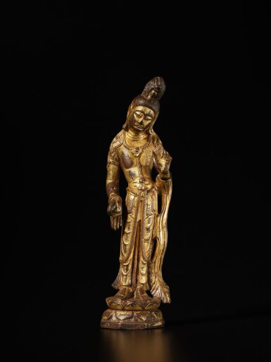 View full screen - View 1 of Lot 118. A gilt-bronze figure of Mahasthamaprapta, Tang dynasty | 唐 銅鎏金大勢至菩薩立像.