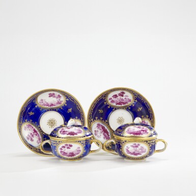 View full screen - View 1 of Lot 339. A rare pair of Naples Real Fabbrica Ferdinandea dark blue-ground porcelain écuelles, covers and stands, circa 1790.