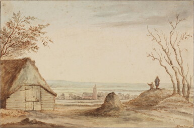 View full screen - View 1 of Lot 125. Two figures in a landscape, a village church in the distance.