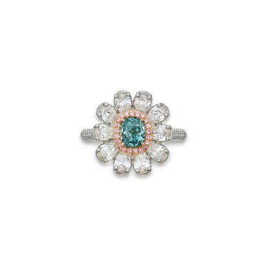View full screen - View 1 of Lot 93. Fancy Vivid Blue-Green Diamond, Colored Diamond and Diamond Ring.