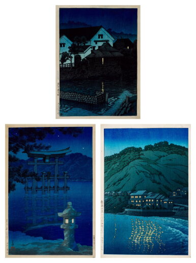 View full screen - View 1 of Lot 129. Kawase Hasui (1883-1957) | Three woodblock prints depicting night scenes | Showa period, 20th century .