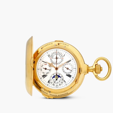 View full screen - View 1 of Lot 2431. A very fine and heavy yellow gold two train grande and petite sonnerie trip minute repeating perpetual calendar chronograph hunting case keyless lever clockwatch, with Neuchatel Bulletin d’Observatoire and enamel dial, retailed by La Esmeralda, movement attributed to Louis Elisee Piguet, Circa 1895.