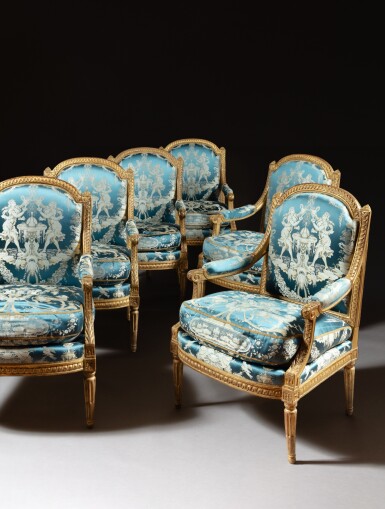 View full screen - View 1 of Lot 72. A set of six Louis XVI giltwood fauteuils, circa 1780, stamped by Jean-Baptiste Boulard.