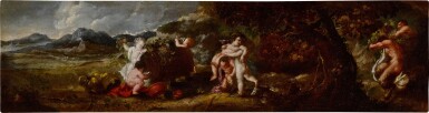 View full screen - View 1 of Lot 351. A bacchanal with putti and satyrs in a landscape.