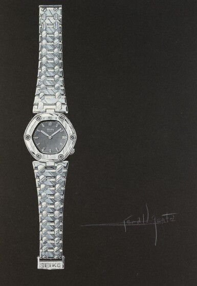 View full screen - View 1 of Lot 1011. An original prototype design of a bracelet watch with accompanying NFT, Circa 1978 .