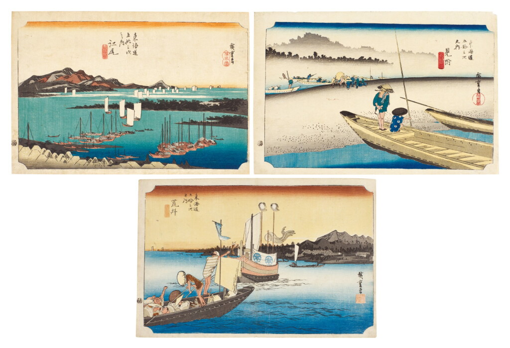 View full screen - View 1 of Lot 16. UTAGAWA HIROSHIGE I (1797–1858), THREE PRINTS: EJIRI: DISTANT VIEW OF MIHO (EJIRI, MIHO ENBÔ), MITSUKE: TENRYÛ RIVER VIEW (MITSUKE, TENRYÛGAWA ZU) AND ARAI: FERRYBOAT (ARAI, WATASHIBUNE NO ZU) | EDO PERIOD, 19TH CENTURY.